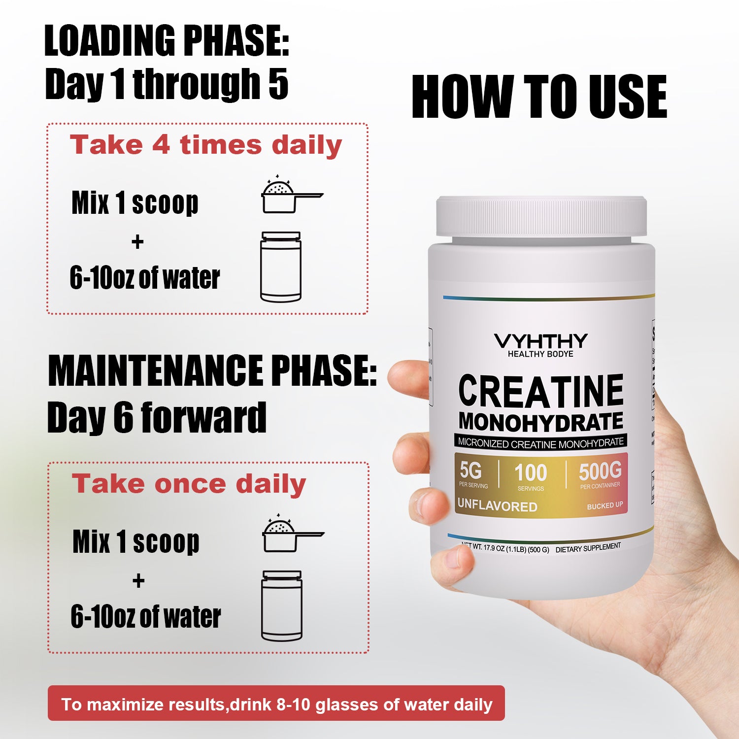 VYHTHY Creatine Monohydrate Powder - Unflavored - 500g