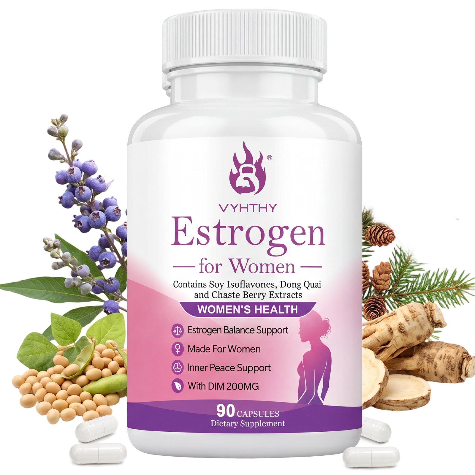 VYHTHY Natural Hormone Balance Estrogen Supplement for Women Over 40 | 200MG DIM Complex with Soy Isoflavones, Dong Quai, Chaste Berry & Norway Spruce, Support Menopause Comfort, Stable Mood & Daily Vitality, 90 Vegetarian Capsules