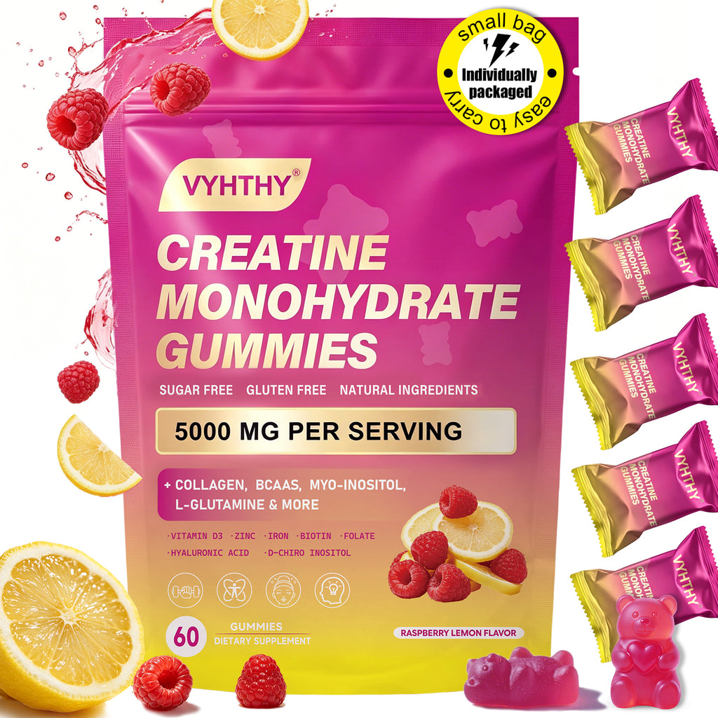 Vyhthy CurveBoost Creatine Gummies for Women, 5000mg Creatine Monohydrate, Raspberry Lemon Flavor, 8-in-1 Supplement with BCAAs Collagen Inositol Iron Zinc Vitamin D3, Sugar Free Vegan