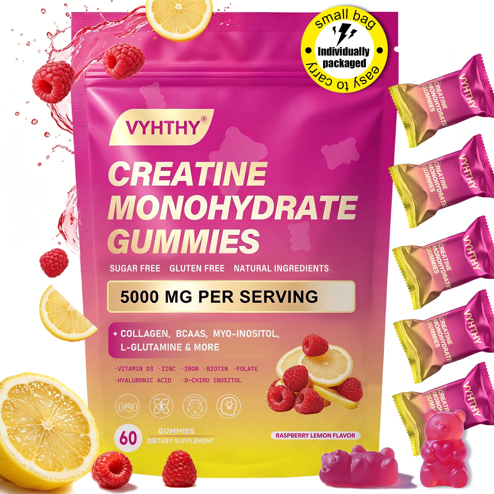 Vyhthy CurveBoost Creatine Gummies for Women, 5000mg Creatine Monohydrate, Raspberry Lemon Flavor, 8-in-1 Supplement with BCAAs Collagen Inositol Iron Zinc Vitamin D3, Sugar Free Vegan