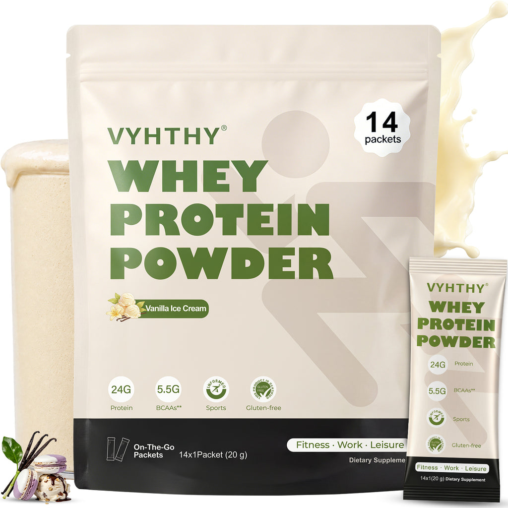VYHTHY Vanilla Ice Cream Whey Protein Powder Single Serve Packets, 24g Protein & 5.5g BCAAs Per Packet, Zero Added Sugar Portable Post-Workout Muscle Recovery Supplement, 14 Individual Packets Per Bag