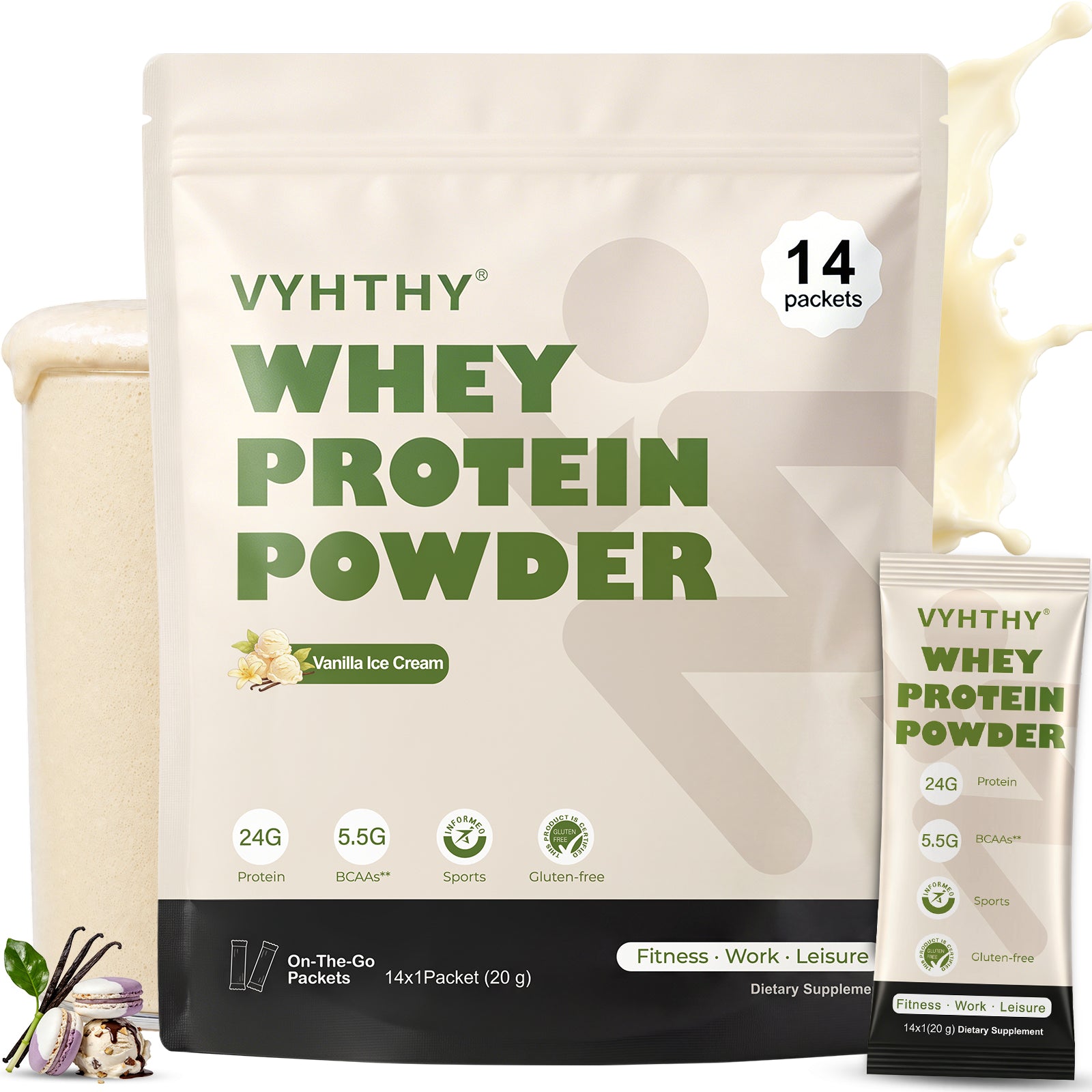 VYHTHY Vanilla Ice Cream Whey Protein Powder Single Serve Packets, 24g Protein & 5.5g BCAAs Per Packet, Zero Added Sugar Portable Post-Workout Muscle Recovery Supplement, 14 Individual Packets Per Bag
