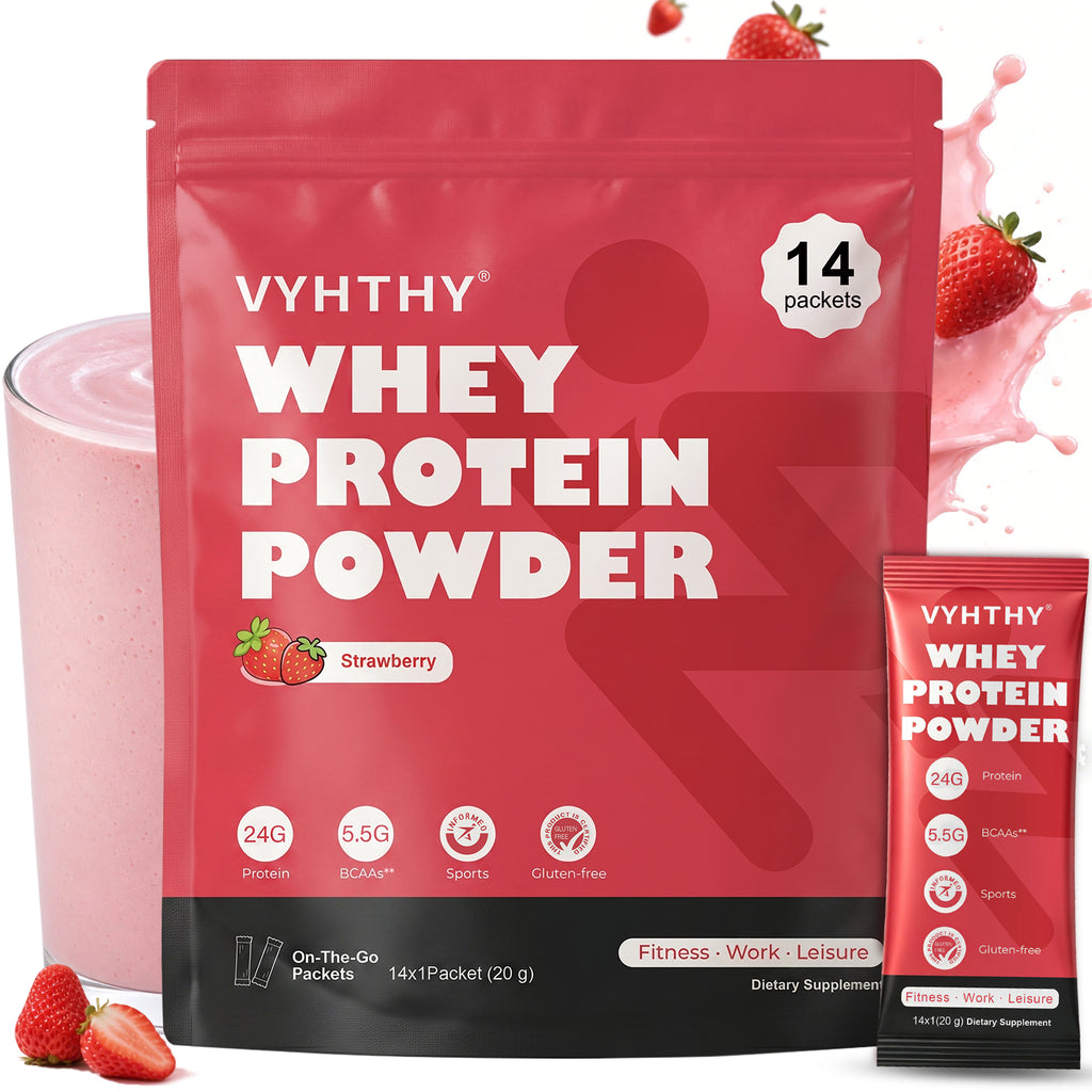 VYHTHY Strawberry Whey Protein Powder Single Serve Packets, 24g Protein 5.5g BCAAs Per Packet, Zero Added Sugar On-The-Go Muscle Recovery Supplement, 14 Individual Packets Per Bag