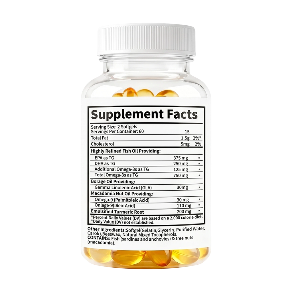 YOY Four  Dietary food supplements 120 Softgels, Triple Omega 3 6 9 Supplement with Turmeric, Curcumin, DHA & EPA, Fish Oil Supplement for Brain & Heart Health and Joint Support, Advanced Absorption