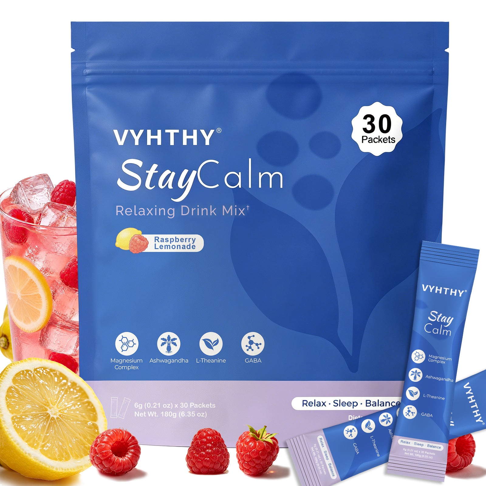 VYHTHY StayCalm Relaxing Drink Mix Powder, Raspberry Lemonade Flavor with Ashwagandha, L-Theanine, GABA & Multi Magnesium Complex, Supports Stress Relief, Calm Mood & Restful Sleep, 30 Individual Packets