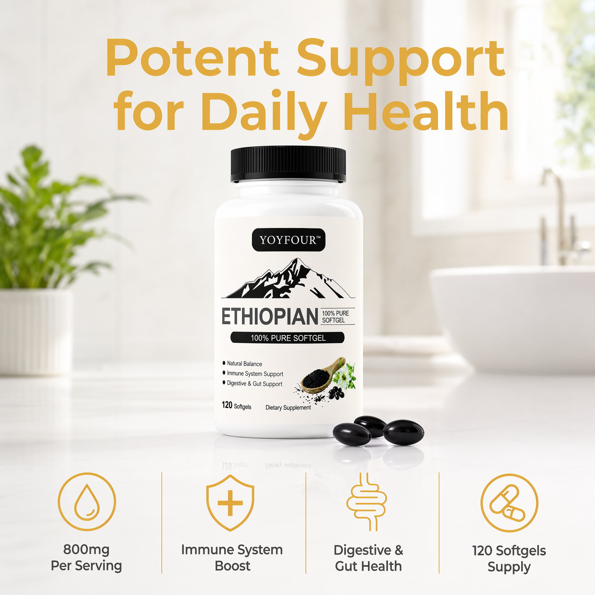 YOYFOUR Ethiopian Black Seed Oil Softgels 800mg Per Serving, 120 Capsules, 100% Pure Organic Nigella Sativa Supplement, Immune System Support, Digestive & Gut Health Balance
