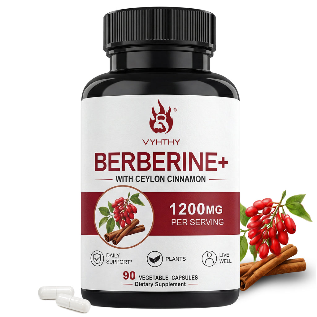 VYHTHY High Potency Berberine HCl 1200mg Complex with True Ceylon Cinnamon Extract, Natural Support for Gut Health, Microbial Balance & Cognitive Function, Easy-Swallow Vegetarian Capsules 90 Count