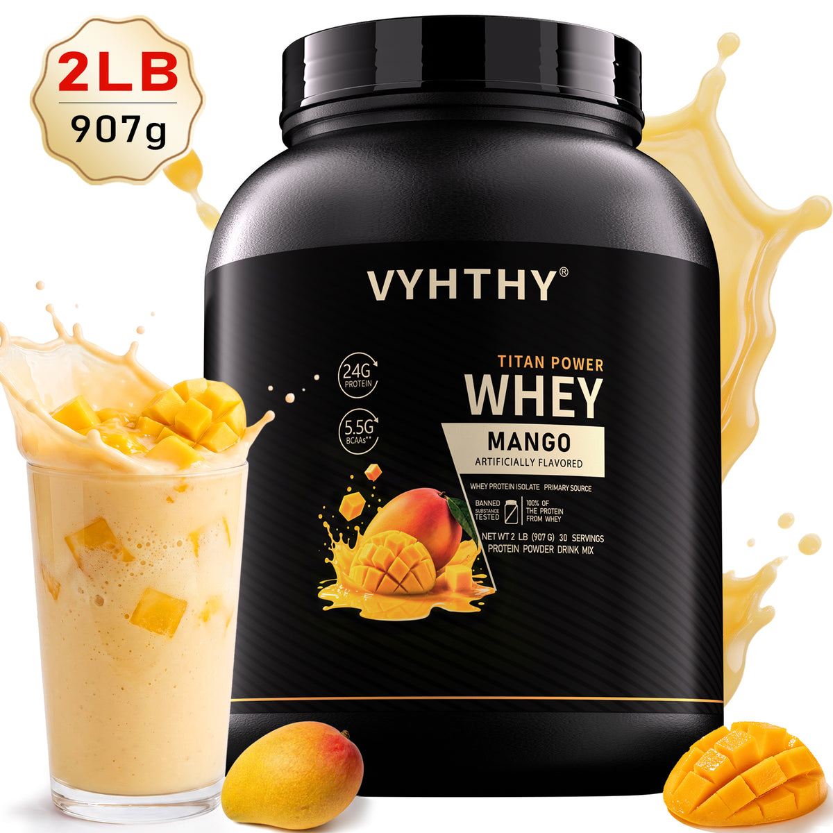 VYHTHY Titan Power Whey Protein Powder – Mango | 24g Protein, 5.5g BCAA, 11g EAA per Scoop | Whey Isolate Primary, Low Carb, No Added Sugar | 2 LB (30 Servings)