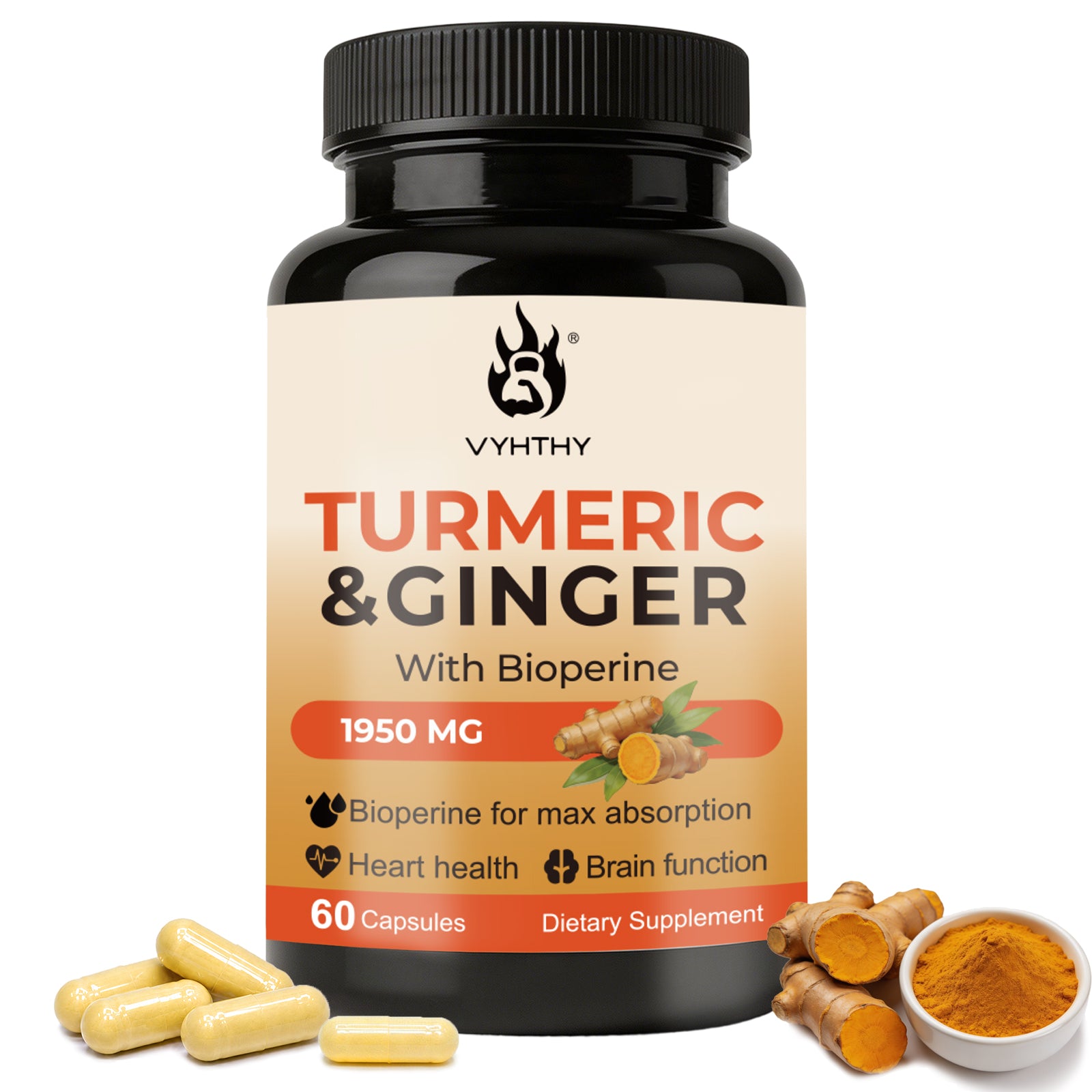 VYHTHY Turmeric Ginger Supplement with Bioperine, 1950mg Per Serving, 95% Curcuminoids Extract, Supports Joint Comfort, Heart & Brain Health, Immune Support, Easy-to-Swallow Vegan Capsules, 60 Count