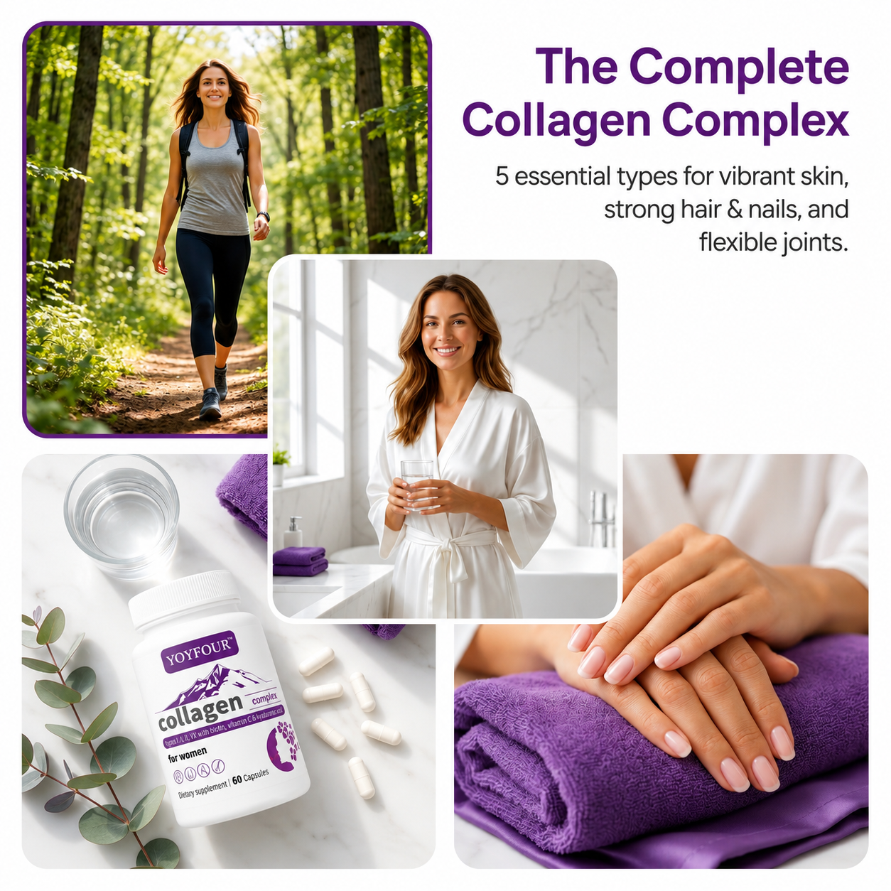 YOY Four Multi-Collagen Capsules for Women & Men – 60 Count | Type I, II, III, V, X Hydrolyzed Collagen Peptides with Biotin, Hyaluronic Acid & Vitamin C | Hair, Skin, Nails, and Joint Support