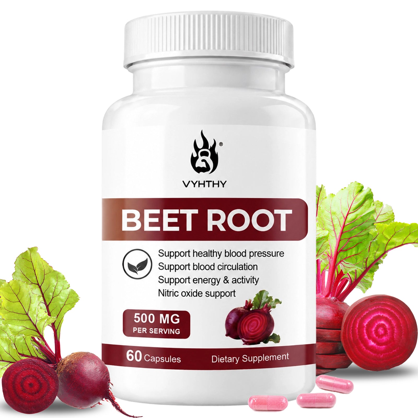 VYHTHY Beet Root Capsules 500mg Per Serving with Hawthorn Berry & L-Citrulline, Nitric Oxide Supplement for Healthy Blood Pressure, Blood Circulation & Natural Energy Support, 60 Capsules