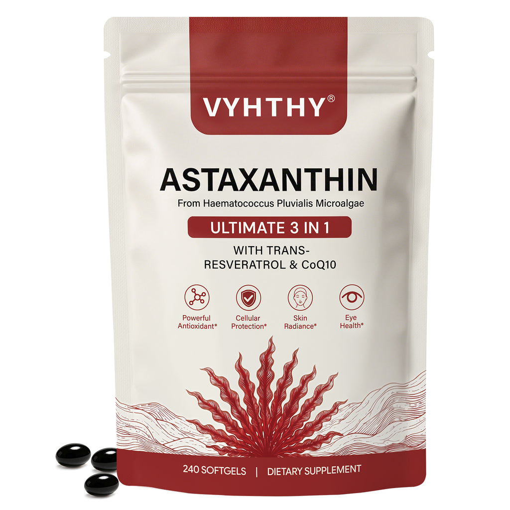 VYHTHY High Strength Natural Astaxanthin 12mg Softgels Blended with Trans-Resveratrol & CoQ10, Super Antioxidant Stronger Than Vitamin C/E, Support Eye Comfort, Skin Glow & Longevity, 240 Easy Absorb Softgels