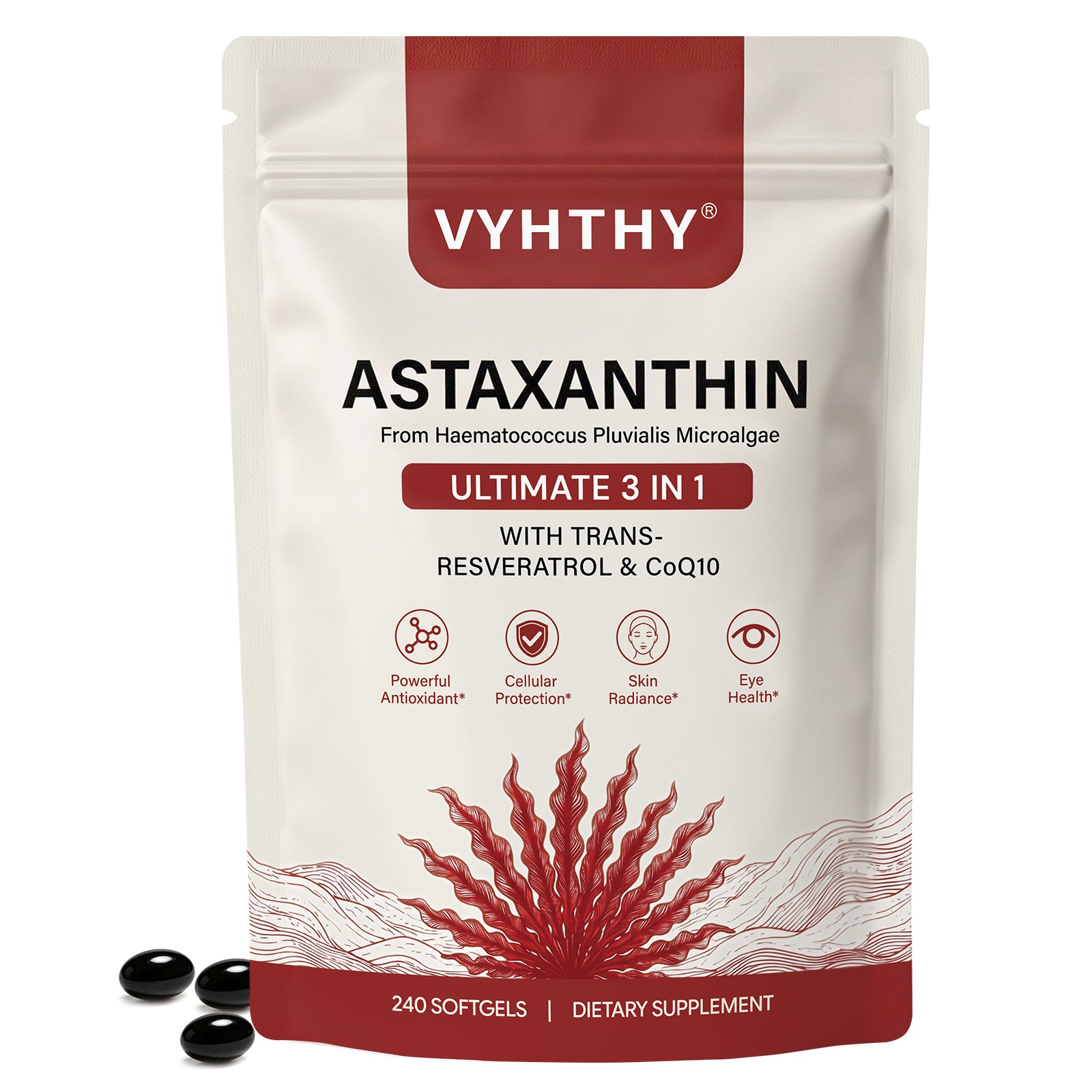 VYHTHY High Strength Natural Astaxanthin 12mg Softgels Blended with Trans-Resveratrol & CoQ10, Super Antioxidant Stronger Than Vitamin C/E, Support Eye Comfort, Skin Glow & Longevity, 240 Easy Absorb Softgels