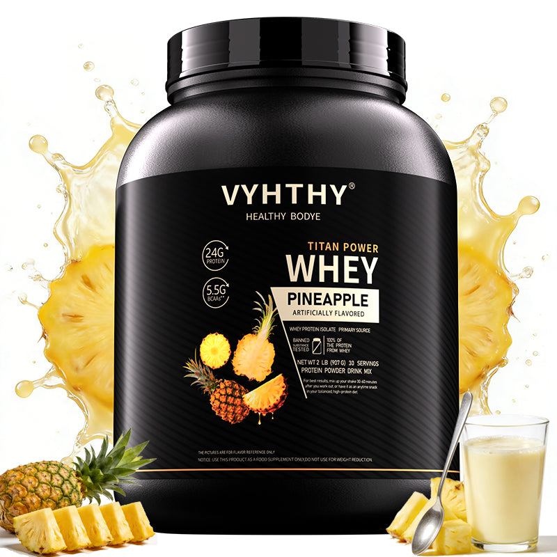 VYHTHY Pineapple Flavored Whey Protein Powder - 24g Protein per Serving - 5.5g branched-Chain Amino acids, Less Than 120 Calories, Gluten-Free, Low-Sugar Protein, (36 oz) - 30 Servings