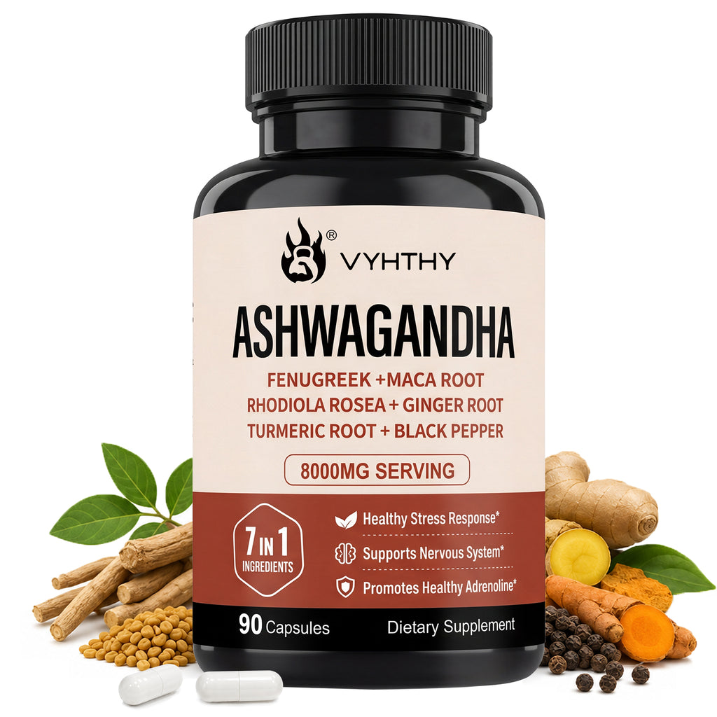 VYHTHY High Potency Ashwagandha Root Extract 7-in-1 Adaptogen Complex, Equivalent 8000MG Per Serving, Natural Stress Relief, Adrenal & Nervous System Support for Men & Women, 90 Vegetarian Capsules