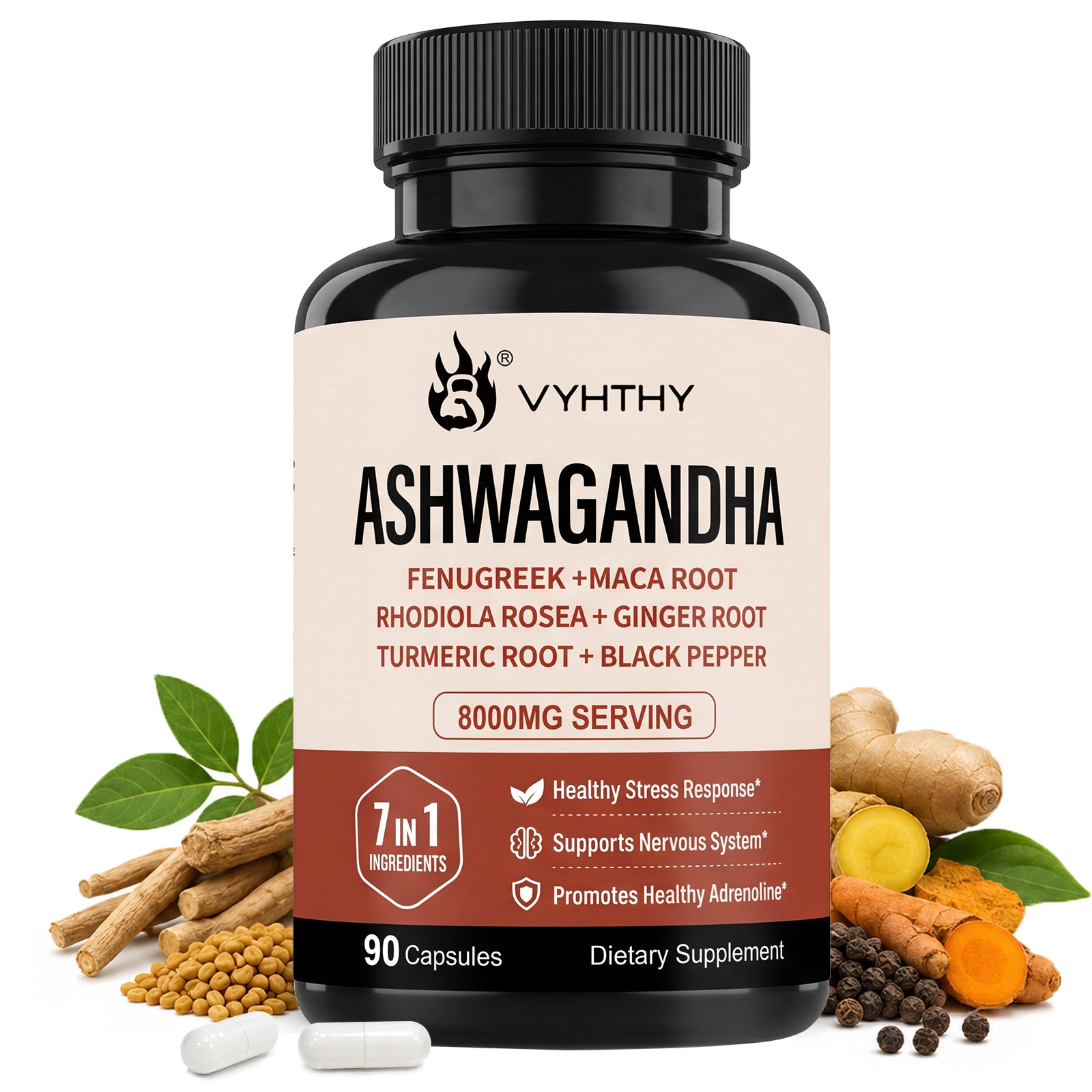 VYHTHY High Potency Ashwagandha Root Extract 7-in-1 Adaptogen Complex, Equivalent 8000MG Per Serving, Natural Stress Relief, Adrenal & Nervous System Support for Men & Women, 90 Vegetarian Capsules