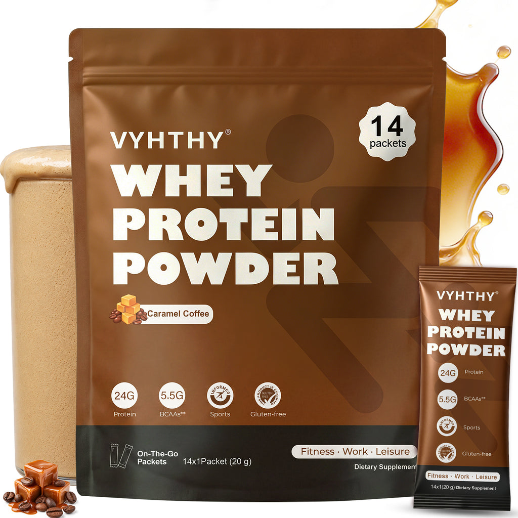 VYHTHY Caramel Coffee Whey Protein Powder Single Serve Packets, 24g Protein & 5.5g BCAAs Per Packet, Zero Added Sugar Portable Post-Workout Muscle Recovery Supplement, 14 Individual Packets Per Bag