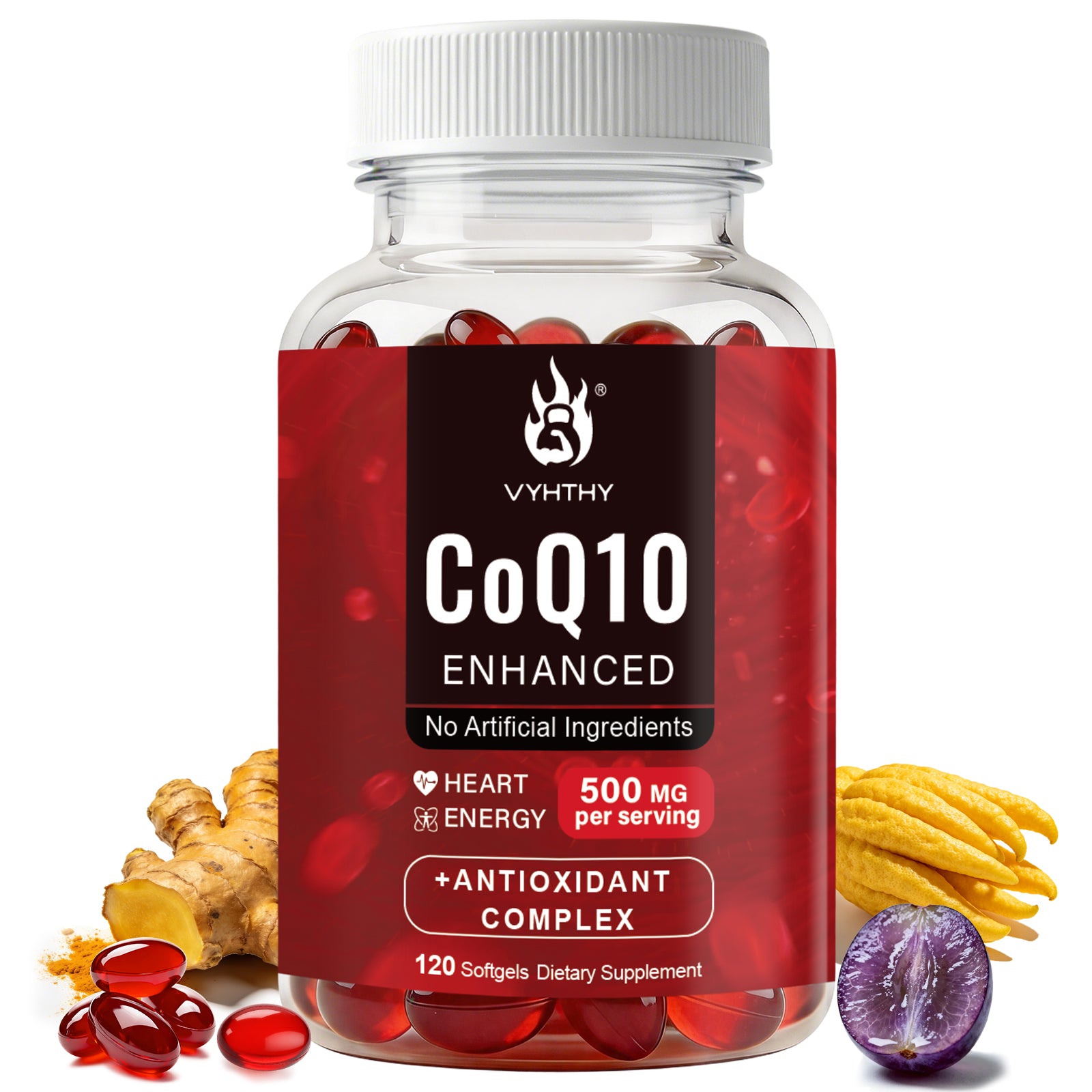 VYHTHY High Absorption Ubiquinone CoQ10 500mg Complex Supplement with Bergamot, Trans-Resveratrol, Turmeric Extract | GMP Certified Heart & Cellular Energy Support, 120 Softgels No Artificial Ingredients