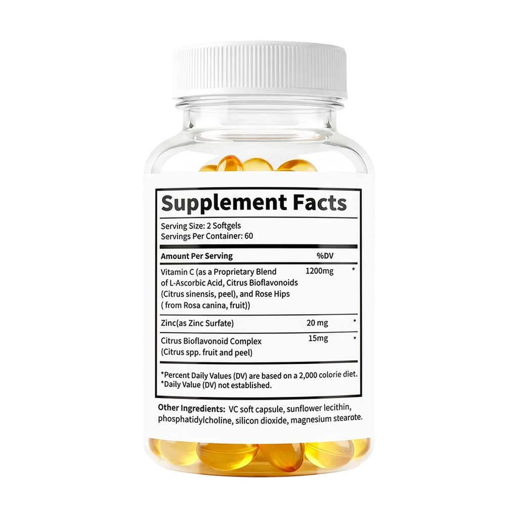 YOY Four Vitamin C with Zinc Supplement Softgels, 1200mg Vitamin C & 20mg Zinc Per Serving, Immune Support & Antioxidant Health, 120 Softgels