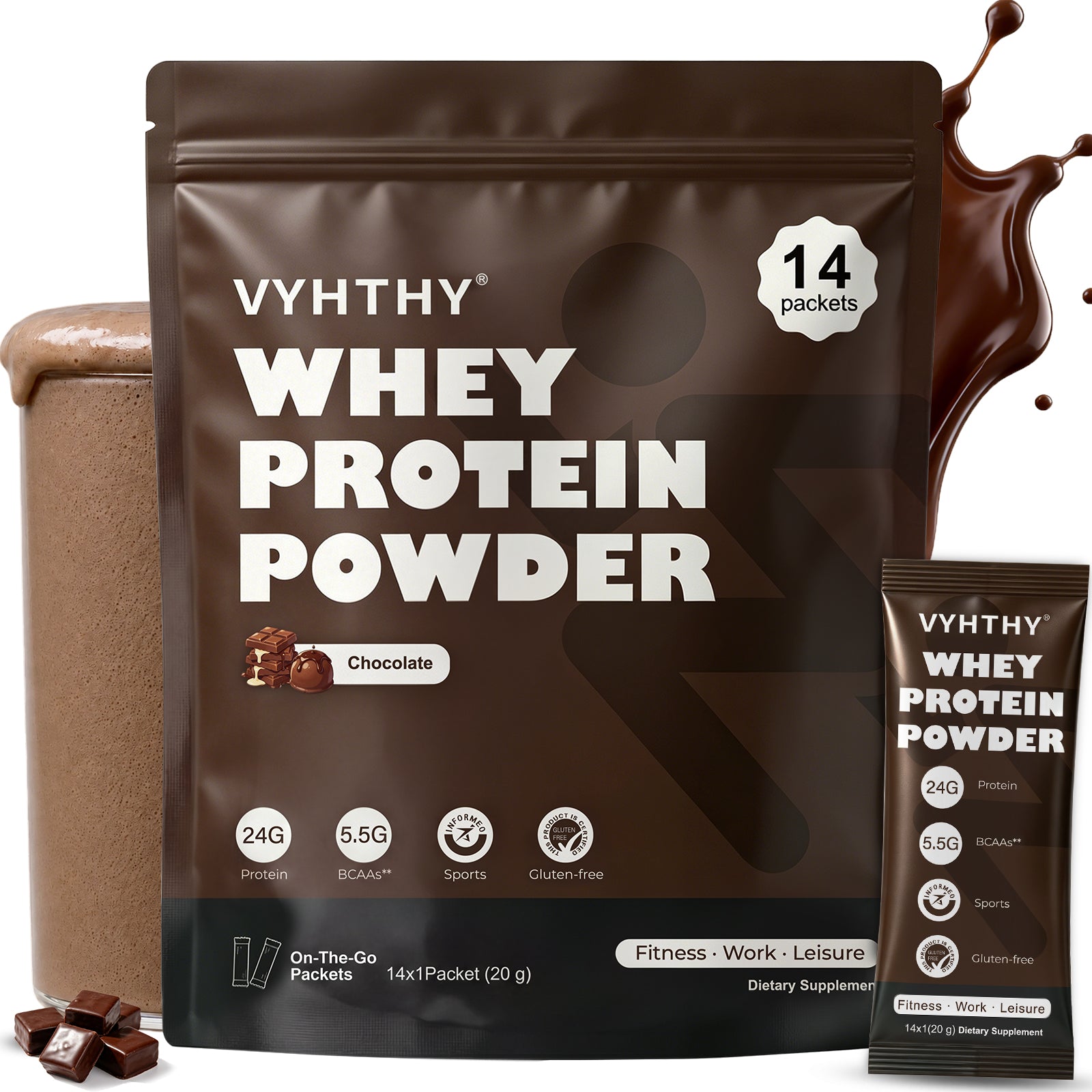 VYHTHY Chocolate Whey Protein Powder Single Serve Packets, 24g Protein & 5.5g BCAAs Per Packet, Zero Added Sugar Portable Post-Workout Muscle Recovery Supplement, 14 Individual Packets Per Bag