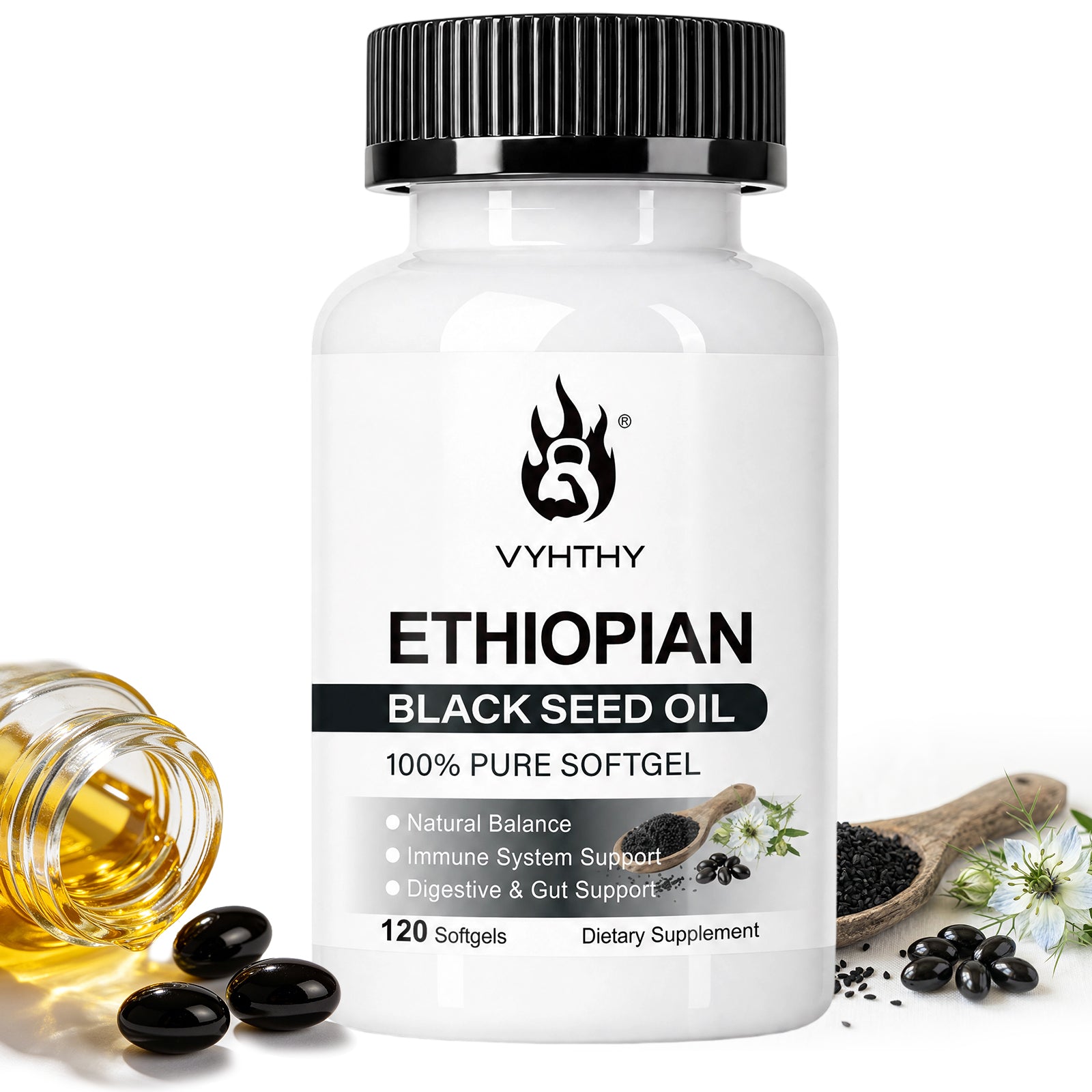 VYHTHY Ethiopian Black Seed Oil Softgels, Cold Pressed 100% Pure Nigella Sativa Supplement, Support Immune, Digestive Gut Health, Healthy Hair Skin & Nails, Non-GMO Gluten Free, 120 Softgels