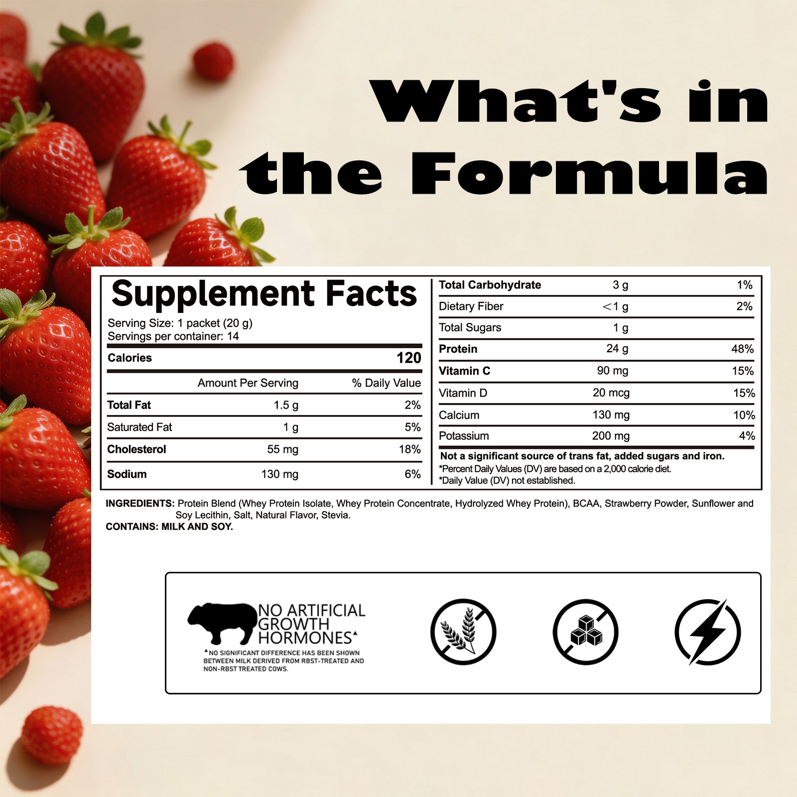 VYHTHY Strawberry Whey Protein Powder Single Serve Packets, 24g Protein 5.5g BCAAs Per Packet, Zero Added Sugar On-The-Go Muscle Recovery Supplement, 14 Individual Packets Per Bag