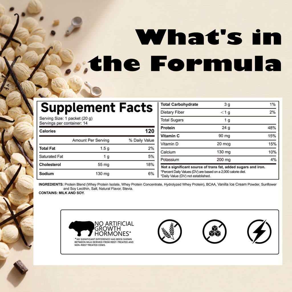 VYHTHY Vanilla Ice Cream Whey Protein Powder Single Serve Packets, 24g Protein & 5.5g BCAAs Per Packet, Zero Added Sugar Portable Post-Workout Muscle Recovery Supplement, 14 Individual Packets Per Bag