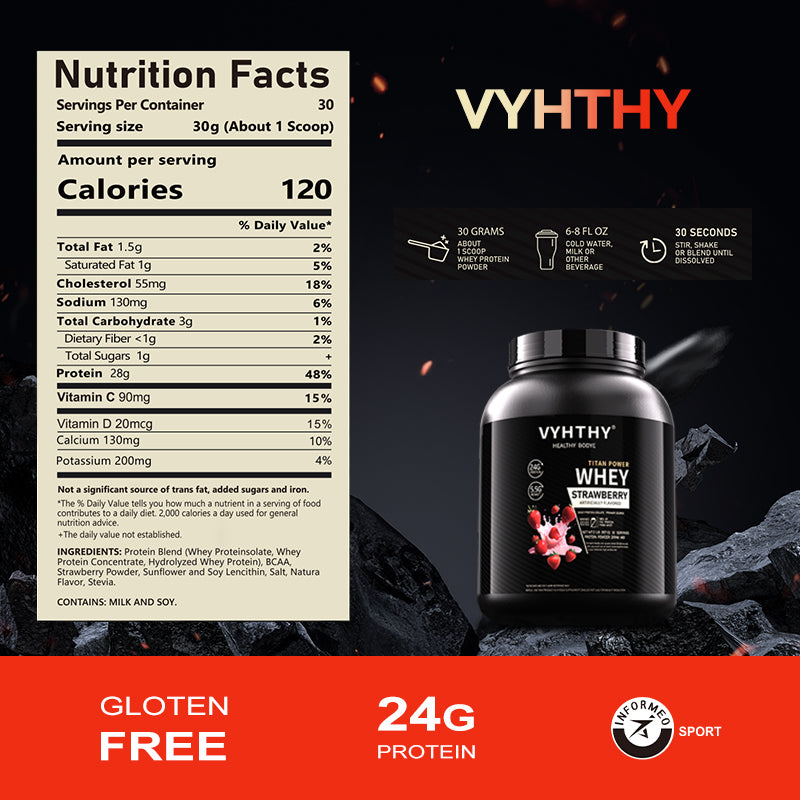 VYHTHY Strawberry Flavored Whey Protein Powder - 24g Protein per Serving - Suitable for pre- and Post-Workout Supplementation - Low Lactose, Gluten-Free, Natural Flavor (36 oz) - 30 Servings