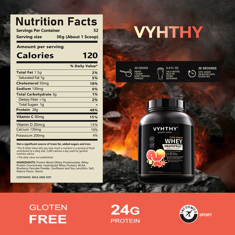 VYHTHY Grapefruit Flavored Flavored Whey Protein Powder - 24g Protein per Serving - Suitable for pre- and Post-Workout Supplementation - Low Lactose, Gluten-Free, Natural Flavor (56 oz) - 52 Servings