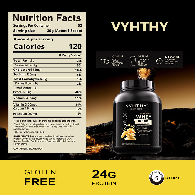 VYHTHY Banana Coffee Flavored Whey Protein Powder - 24g Protein per Serving - Suitable for pre- and Post-Workout Supplementation - Low Lactose, Gluten-Free, Natural Flavor (56 oz) - 52 Servings