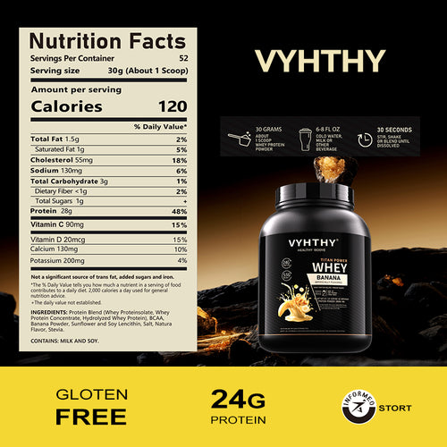 VYHTHY Banana Coffee Flavored Whey Protein Powder - 24g Protein per Serving - Suitable for pre- and Post-Workout Supplementation - Low Lactose, Gluten-Free, Natural Flavor (56 oz) - 52 Servings