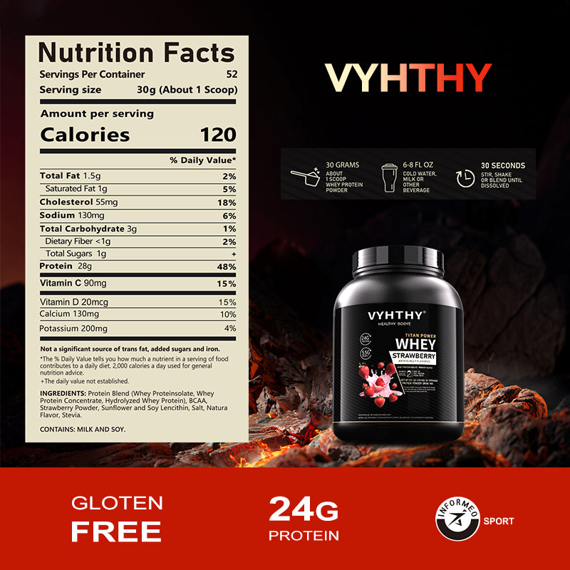 VYHTHY Strawberry Flavored Whey Protein Powder - 24g Protein per Serving - Suitable for pre- and Post-Workout Supplementation - Low Lactose, Gluten-Free, Natural Flavor (56 oz) - 52 Servings