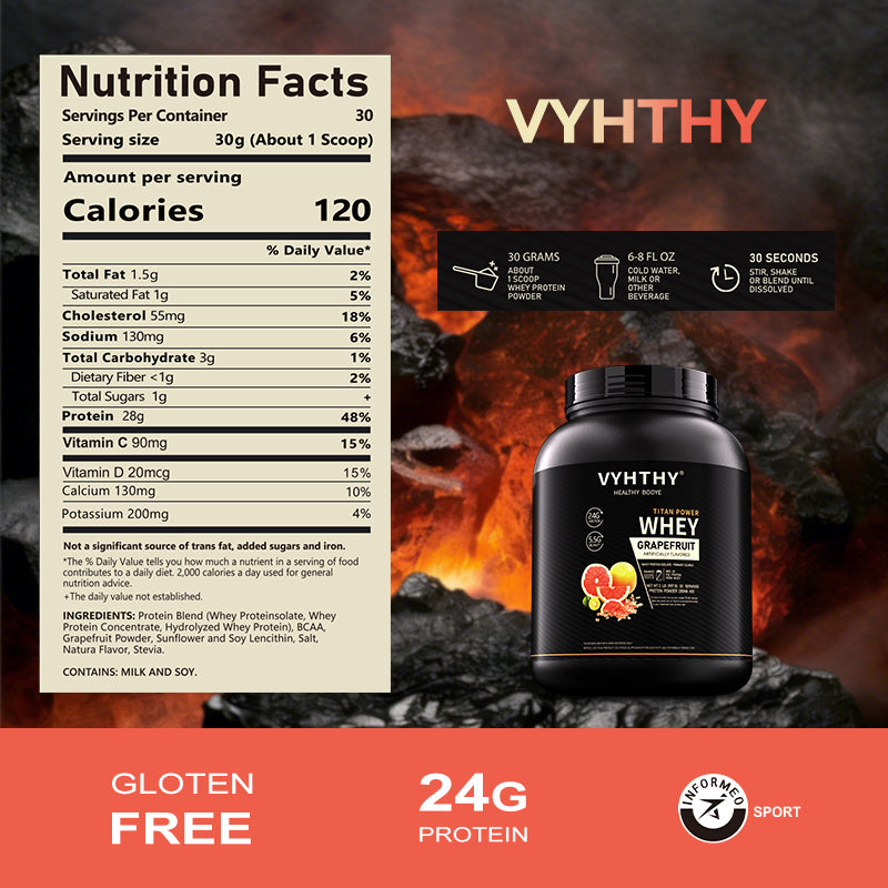 VYHTHY Grapefruit Whey Protein Powder-24g of Protein Per Serving-Premium Whey Protein Powder for Pre Post Workout-Fast Absorbing Whey Concentrate-Low Lactose Gluten Free, Natural Flavored (2LB, 36 oz)