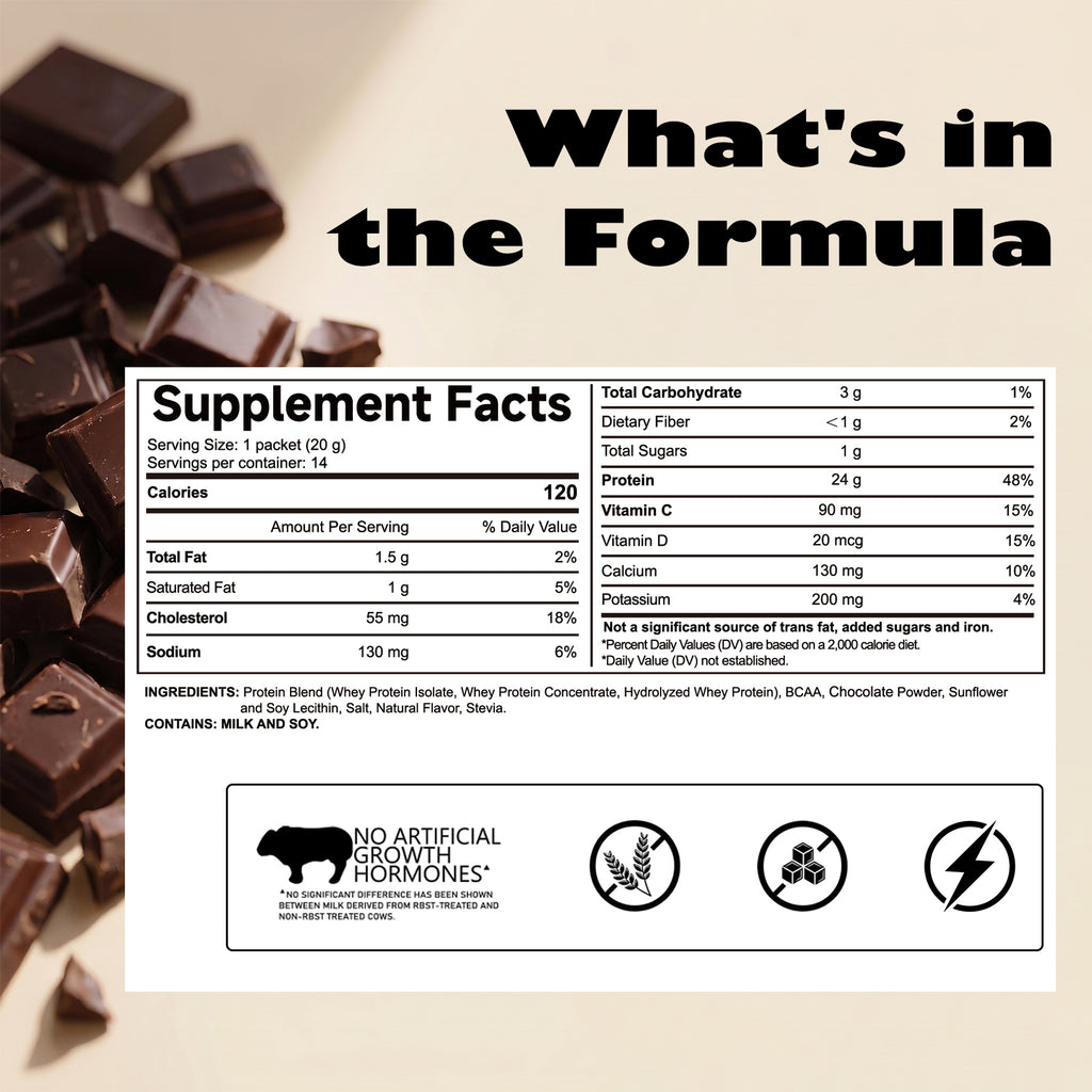 VYHTHY Chocolate Whey Protein Powder Single Serve Packets, 24g Protein & 5.5g BCAAs Per Packet, Zero Added Sugar Portable Post-Workout Muscle Recovery Supplement, 14 Individual Packets Per Bag