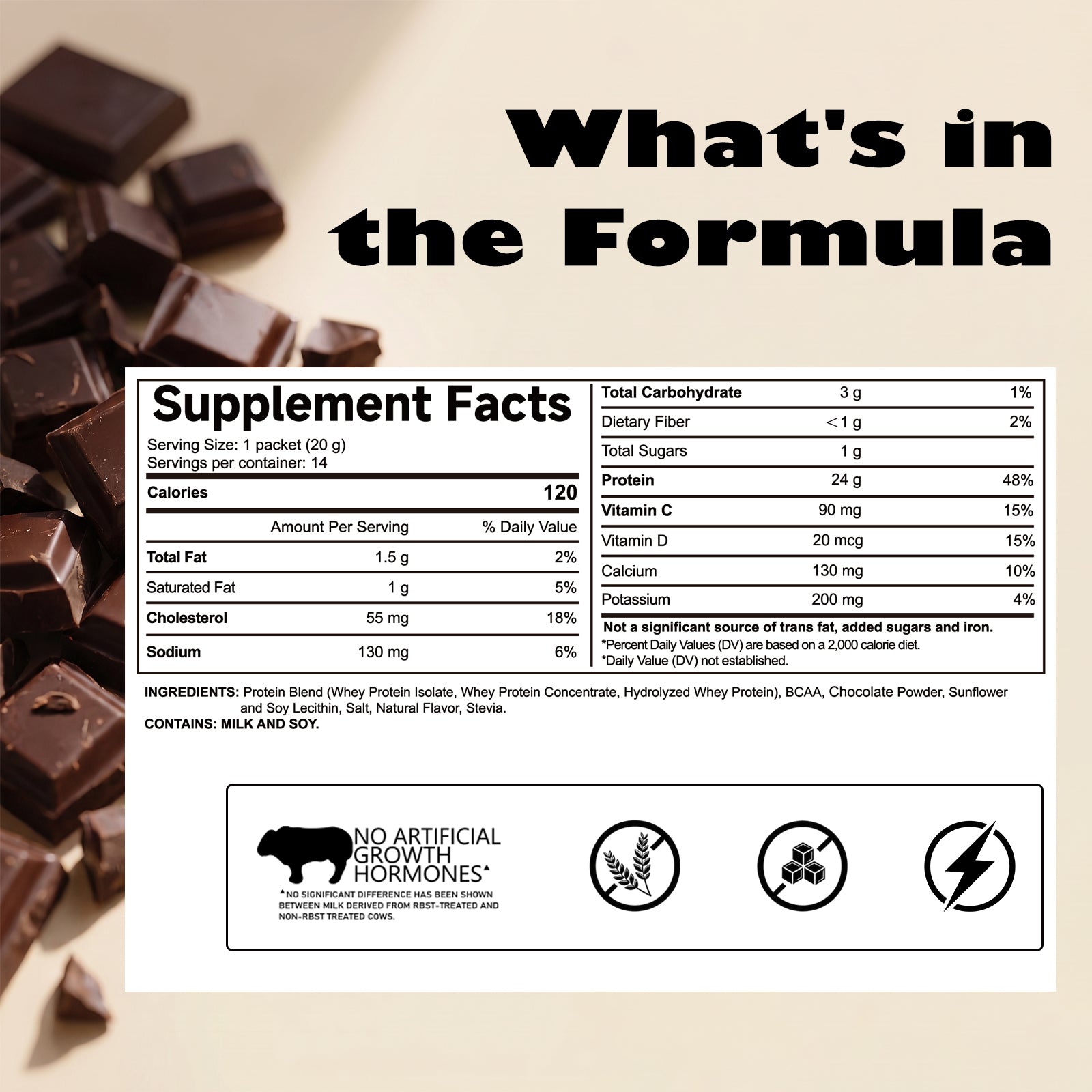 VYHTHY Chocolate Whey Protein Powder Single Serve Packets, 24g Protein & 5.5g BCAAs Per Packet, Zero Added Sugar Portable Post-Workout Muscle Recovery Supplement, 14 Individual Packets Per Bag