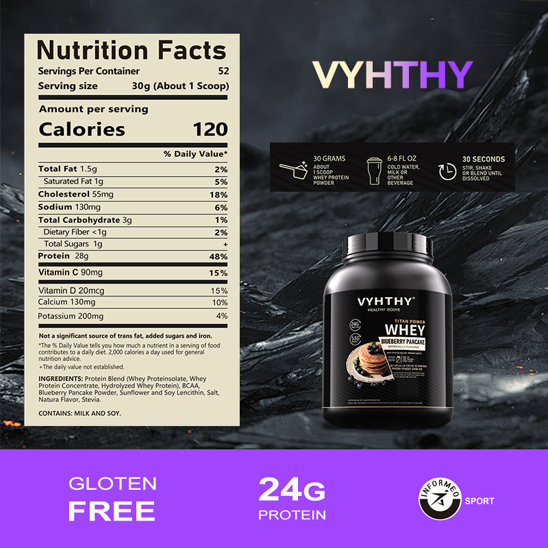 VYHTHY Blueberry Pancake Flavored Whey Protein Powder - 24g Protein per Serving - Suitable for pre- and Post-Workout Supplementation - Low Lactose, Gluten-Free, Natural Flavor (56 oz) - 52 Servings