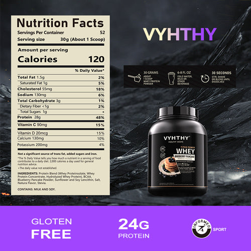 VYHTHY Blueberry Pancake Flavored Whey Protein Powder - 24g Protein per Serving - Suitable for pre- and Post-Workout Supplementation - Low Lactose, Gluten-Free, Natural Flavor (56 oz) - 52 Servings