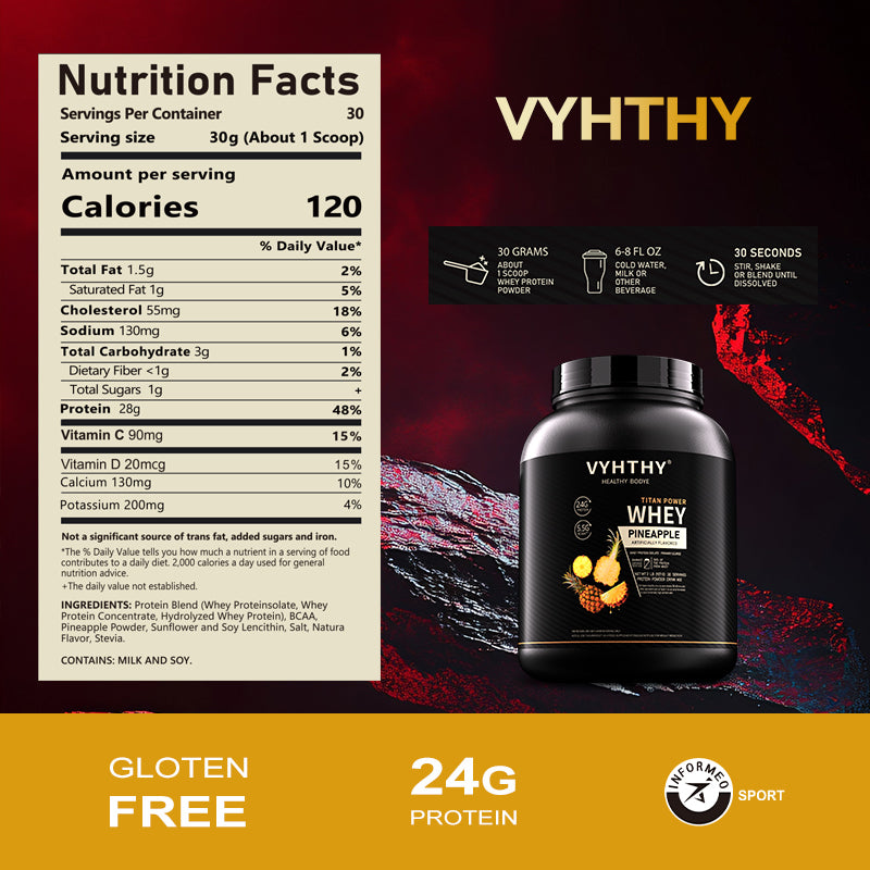 VYHTHY Pineapple Flavored Whey Protein Powder - 24g Protein per Serving - 5.5g branched-Chain Amino acids, Less Than 120 Calories, Gluten-Free, Low-Sugar Protein, (36 oz) - 30 Servings