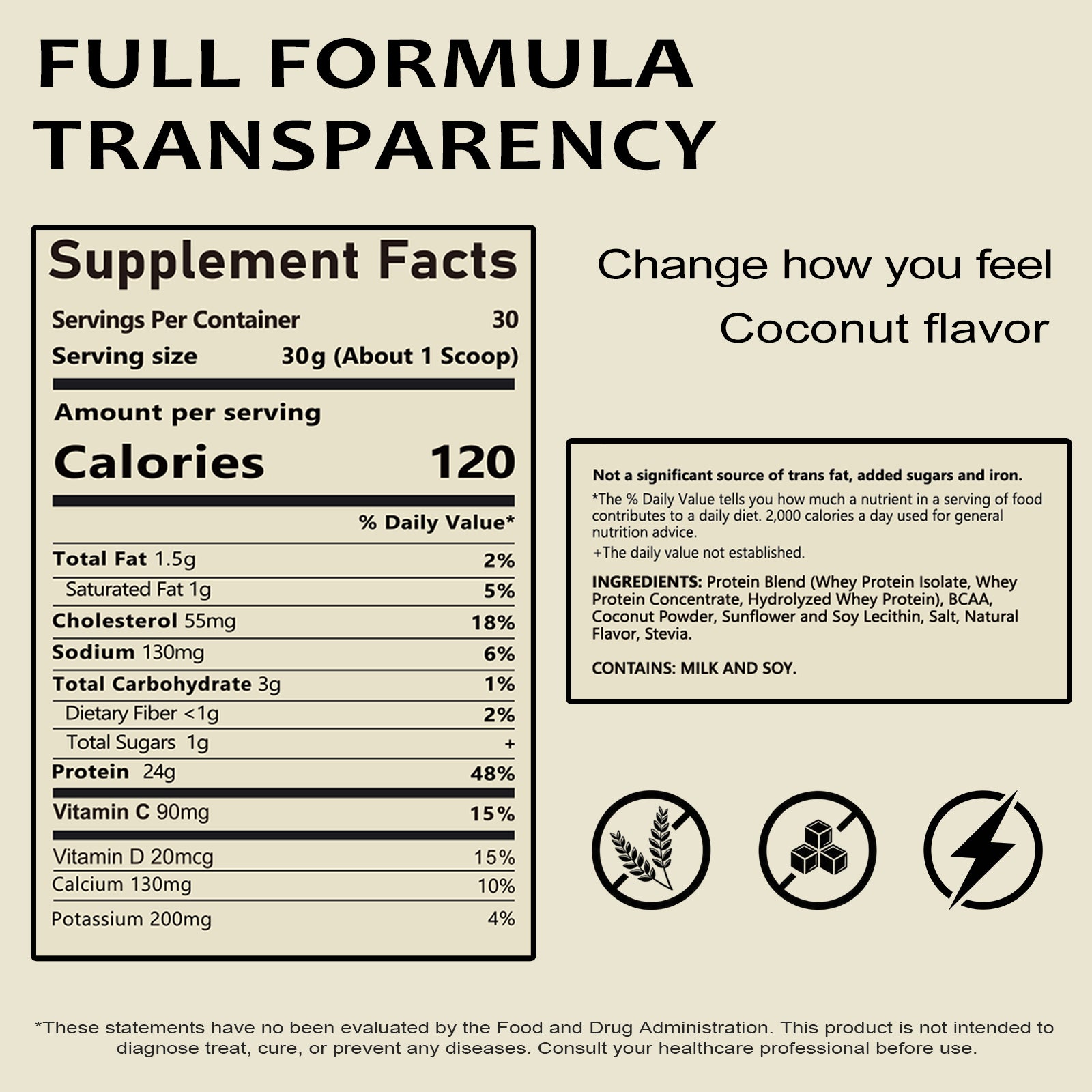 VYHTHY Titan Power Coconut Whey Protein Powder, 24g Protein & 5.5g BCAAs Per Scoop, Zero Added Sugar Post-Workout Muscle Recovery Supplement, 2LB 30 Servings Tub