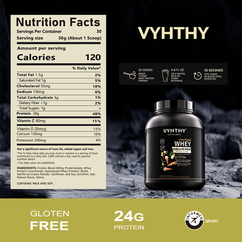 VYHTHY Vanilla Ice Cream Flavored Whey Protein Powder - 24g Protein per Serving - Suitable for pre- and Post-Workout Supplementation - Low Lactose, Gluten-Free, Natural Flavor (36 oz) - 30 Servings