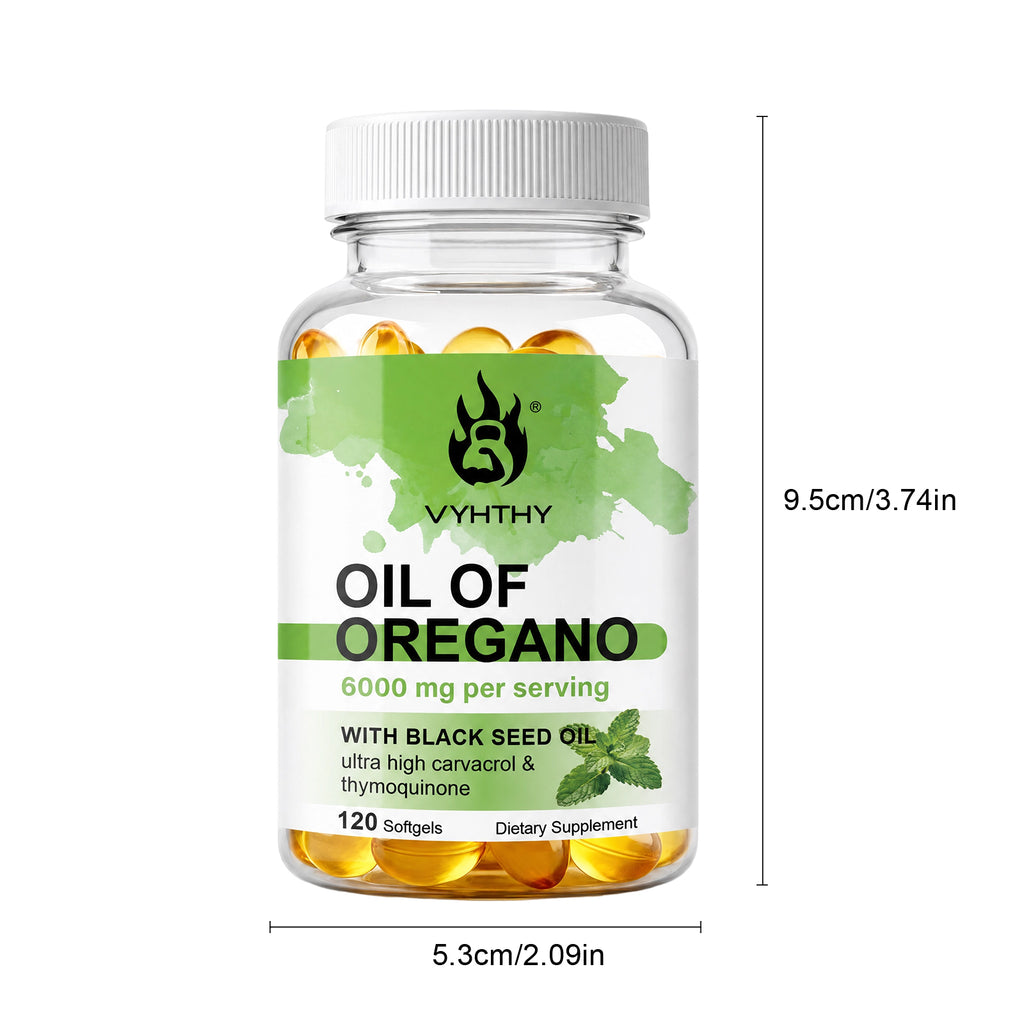 VYHTHY Oil of Oregano Softgels 6000mg Per Serving with 200mg Black Seed Oil, 20:1 High Extract with Carvacrol & Thymoquinone, Supports Immune & Skin Health, 120 Softgels