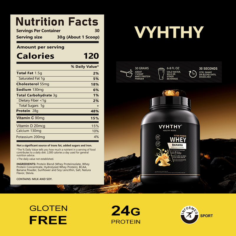 VYHTHY Banana Whey Protein Powder-24g of Protein Per Serving-Premium Whey Protein Powder for Pre Post Workout-Fast Absorbing Whey Concentrate-Low Lactose Gluten Free, Natural Flavored 2LB (36 oz)
