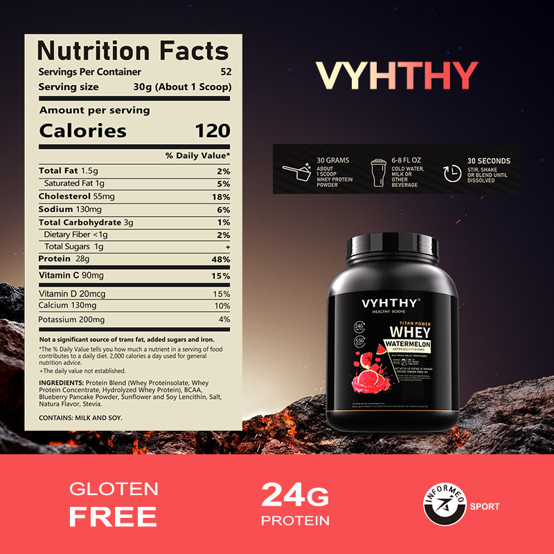 VYHTHY Watermelon Flavored Whey Protein Powder - 24g Protein per Serving - Suitable for pre- and Post-Workout Supplementation - Low Lactose, Gluten-Free, Natural Flavor (56 oz) - 52 Servings