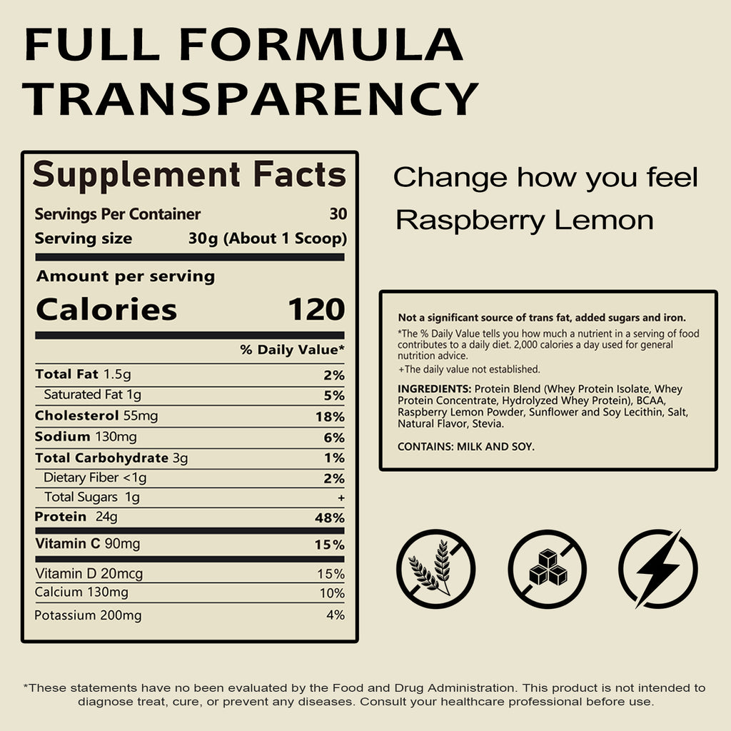 VYHTHY Premium Whey Isolate Concentrate Protein Powder, Raspberry Lemon Flavor with 5.5g BCAA, Low-Cal Low-Fat Formula for Muscle Recovery, Fitness & Everyday Meal Replacement, 30 Servings 2LB