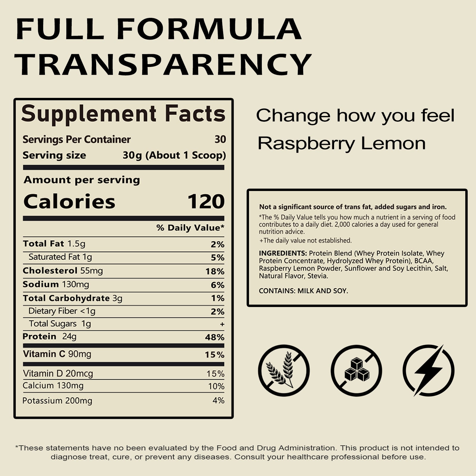 VYHTHY Premium Whey Isolate Concentrate Protein Powder, Raspberry Lemon Flavor with 5.5g BCAA, Low-Cal Low-Fat Formula for Muscle Recovery, Fitness & Everyday Meal Replacement, 30 Servings 2LB