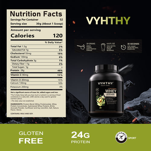 VYHTHY Avocado Flavor Flavored Whey Protein Powder - 24g Protein per Serving - Suitable for pre- and Post-Workout Supplementation - Low Lactose, Gluten-Free, Natural Flavor (56 oz) - 52 Servings
