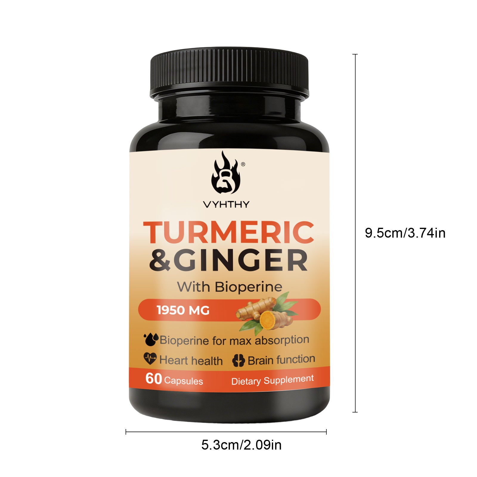 VYHTHY Turmeric Ginger Supplement with Bioperine, 1950mg Per Serving, 95% Curcuminoids Extract, Supports Joint Comfort, Heart & Brain Health, Immune Support, Easy-to-Swallow Vegan Capsules, 60 Count