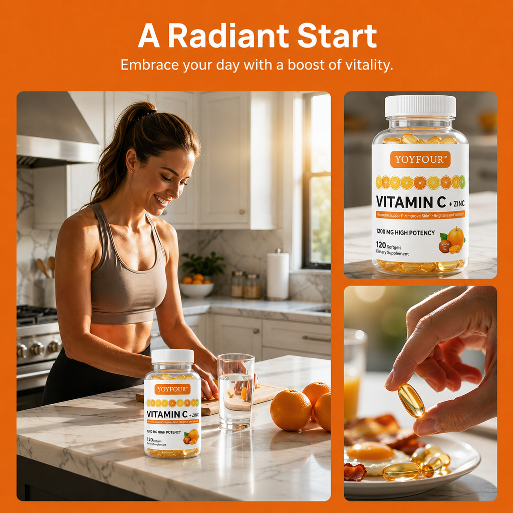 YOY Four Vitamin C with Zinc Supplement Softgels, 1200mg Vitamin C & 20mg Zinc Per Serving, Immune Support & Antioxidant Health, 120 Softgels