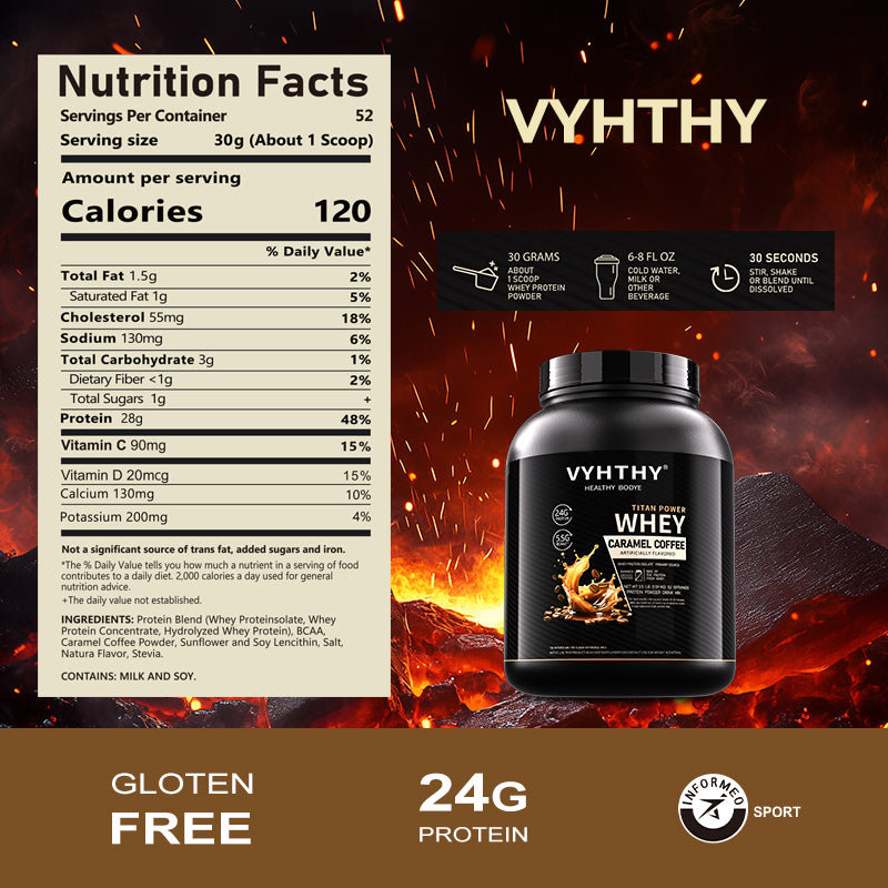 VYHTHY Caramel Coffee Flavored Whey Protein Powder - 24g Protein per Serving - Suitable for pre- and Post-Workout Supplementation - Low Lactose, Gluten-Free, Natural Flavor (56 oz) - 52 Servings