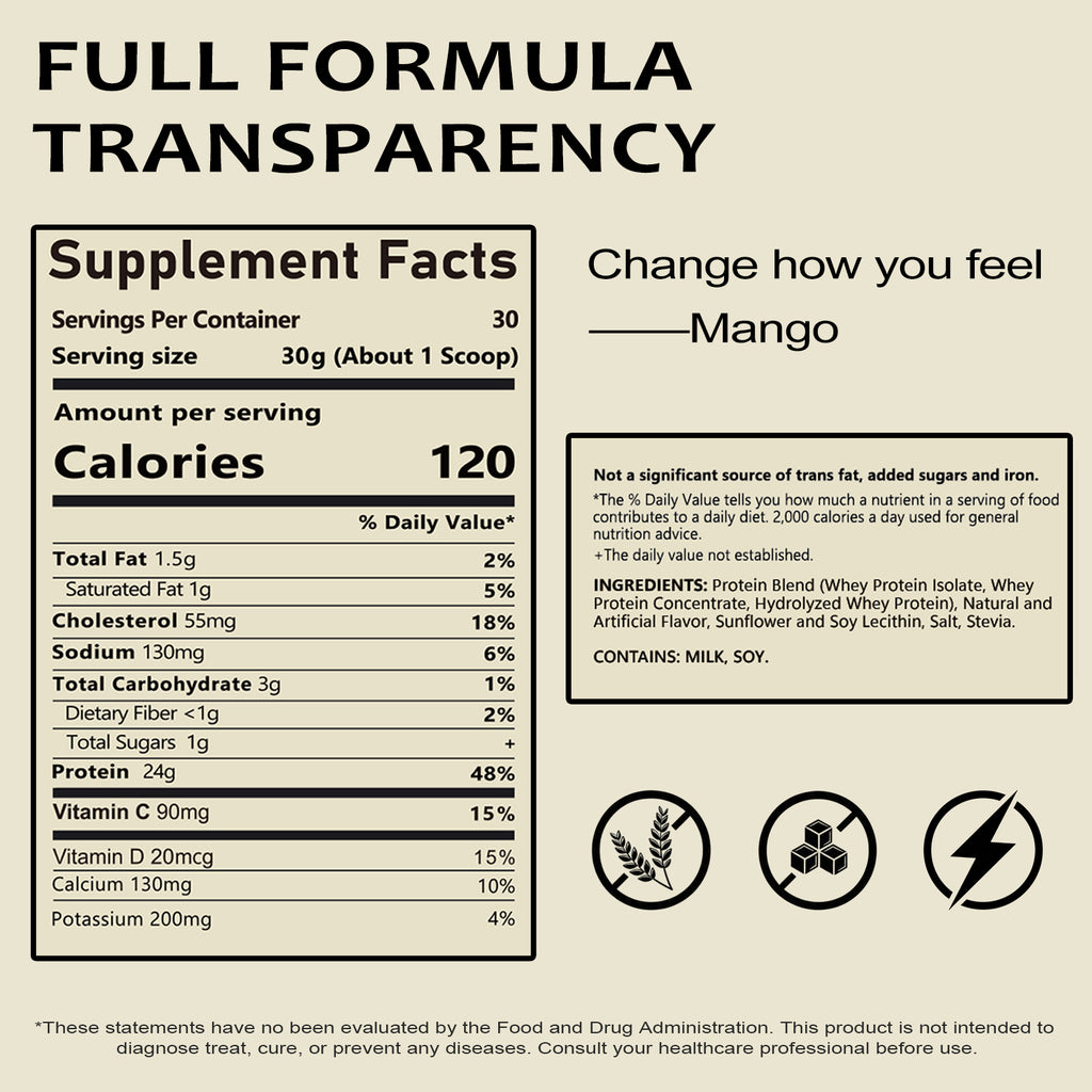 VYHTHY Titan Power Whey Protein Powder – Mango | 24g Protein, 5.5g BCAA, 11g EAA per Scoop | Whey Isolate Primary, Low Carb, No Added Sugar | 2 LB (30 Servings)